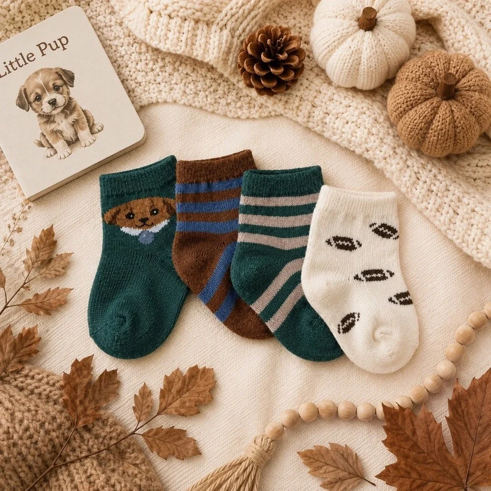 Picolette by Olivia Culpo Baby Crew Socks 4 Pack Green Puppy Football 3-12M